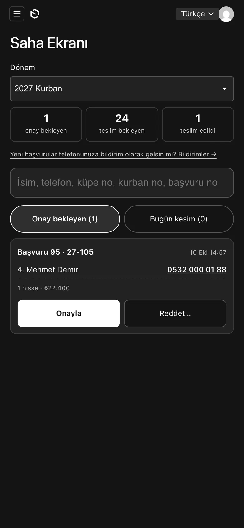 Telefonda Kurban saha ekranı