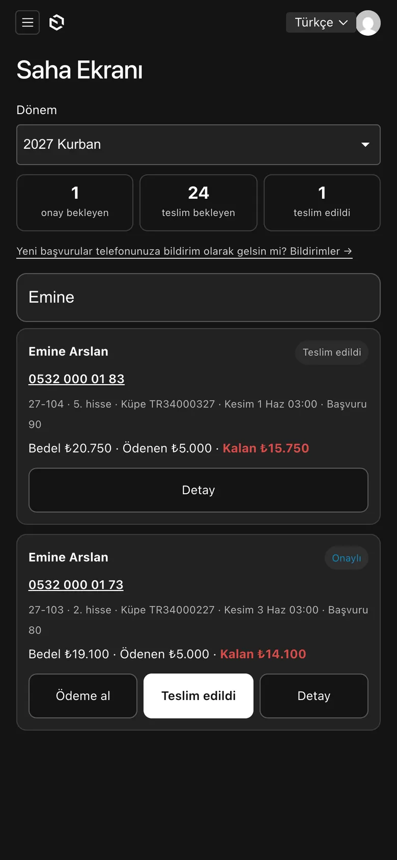 Saha ekranı: hisse arama ve ödeme